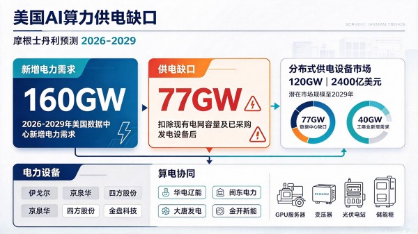 大摩测算美国AI算力供电缺口77GW，两千四百亿设备市场待开启
